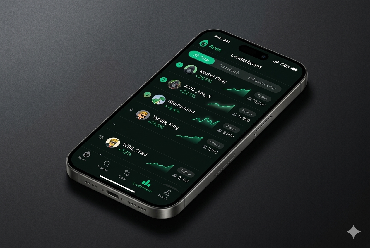 Apes Together app showing the leaderboard with top-performing traders